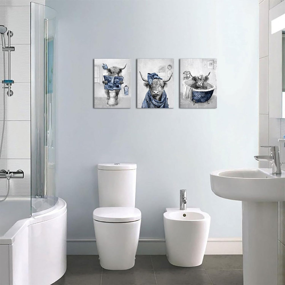 sechars Funny Highland Cow Wall Art Blue Bathroom Decor
