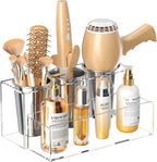 HIIMIEI Hair Tool Organizer, Acrylic Hair Dryer Holder, Bathroom Countertop Blow Dryer Stand Storage, Vanity Organizer for Accessories, Makeup, Flat Irons, Curling Irons, and Toiletries (Clear)