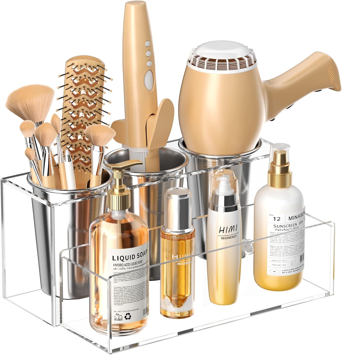 HIIMIEI Hair Tool Organizer, Acrylic Hair Dryer Holder, Bathroom Countertop Blow Dryer Stand Storage, Vanity Organizer for Accessories, Makeup, Flat Irons, Curling Irons, and Toiletries (Clear)