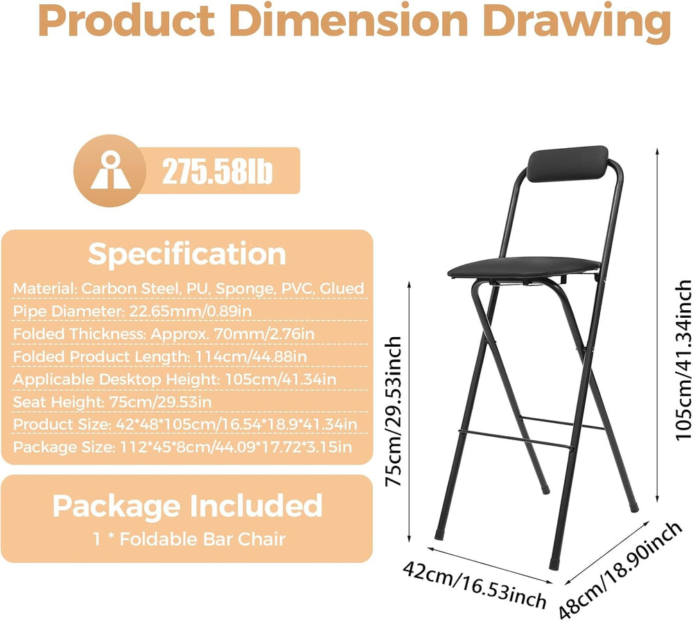 Folding Stool, Cushioned Padded Folding Stool Portable Bar Stool with Back fo...