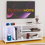 Function Home TV Stand for TVs up to 55 Inch, 3 Tier Entertainment Center, Media Console with Open Storage Shelves for Living Room Bedroom, 47” Modern TV Table with Wood Top White Metal Legs