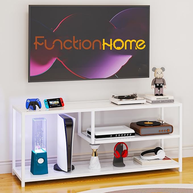 Function Home TV Stand for TVs up to 55 Inch, 3 Tier Entertainment Center, Media Console with Open Storage Shelves for Living Room Bedroom, 47” Modern TV Table with Wood Top White Metal Legs