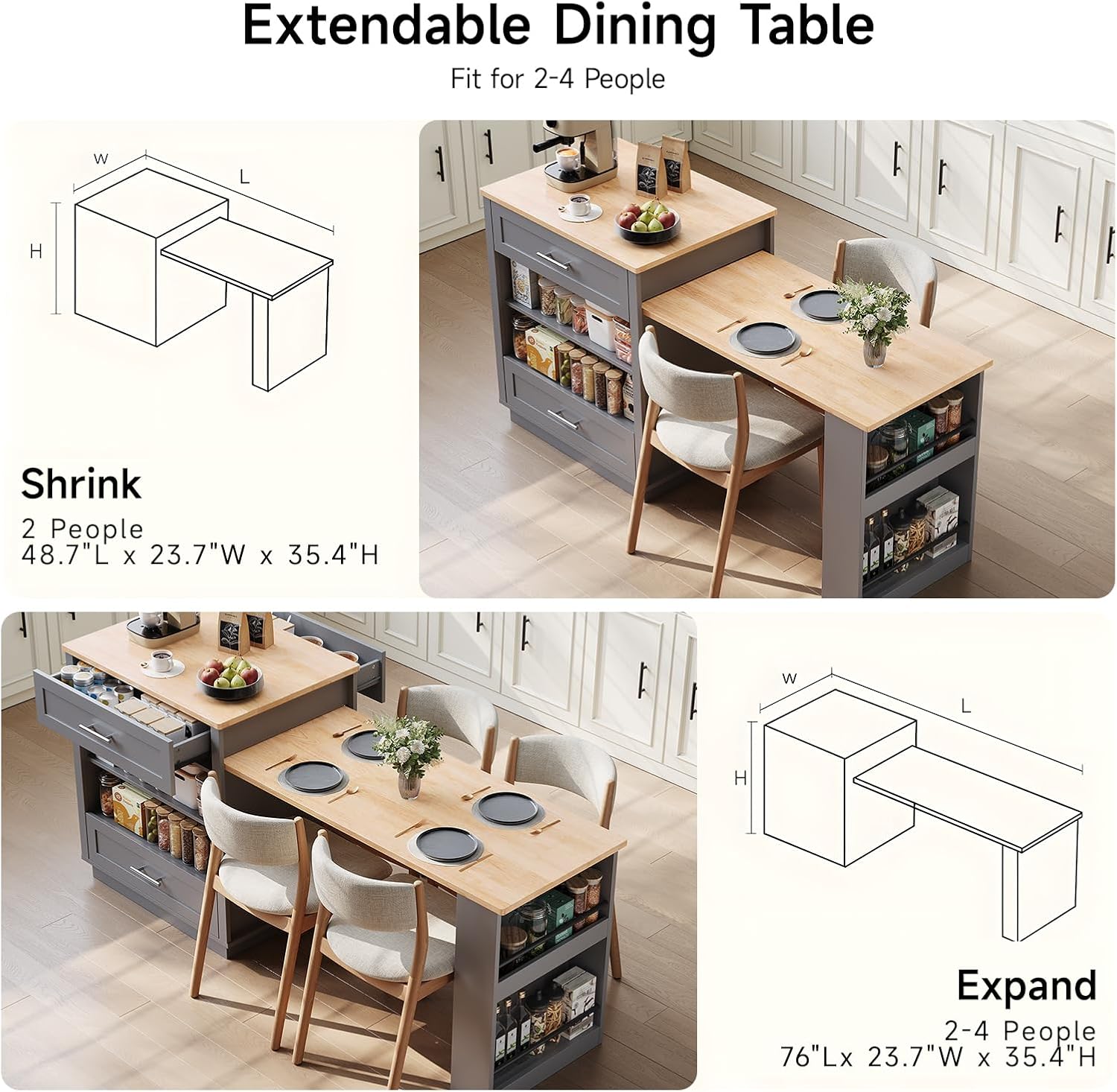 ONBRILL 76" Kitchen Islands with Extendable Dining Table, 2-4 Island Table with Double-Side Storage, Mobile Storage Islands Cart with Power Outlet & Spice Rack, Grey