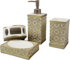 Hymmah Gold Bathroom Accessories Set,Farmhouse Bathroom Decor,4 Pcs Resin Gift Set Apartment Necessities, Contain Cotton Swab Jar,Soap Dispenser,Tumbler，Soap Dish/Tray