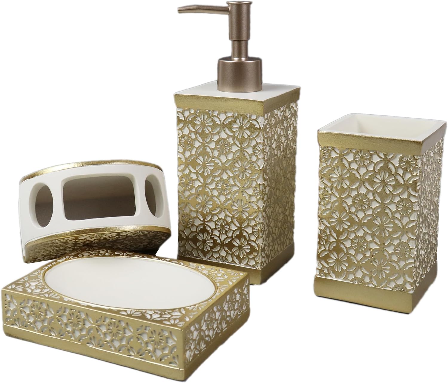 Hymmah Gold Bathroom Accessories Set,Farmhouse Bathroom Decor,4 Pcs Resin Gift Set Apartment Necessities, Contain Cotton Swab Jar,Soap Dispenser,Tumbler，Soap Dish/Tray