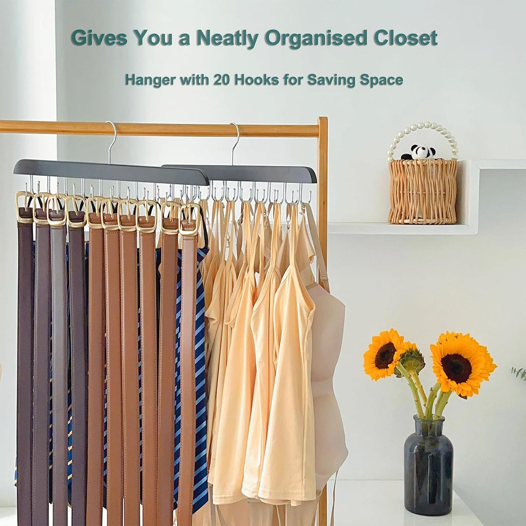 2 Pack Belt Hanger for Closet Organizer,Wooden Belt Storage Organizer with 20 Metal Hooks for Space Saving,Foldable Belts Holder for Belts,Tank Tops,Ties(Black)