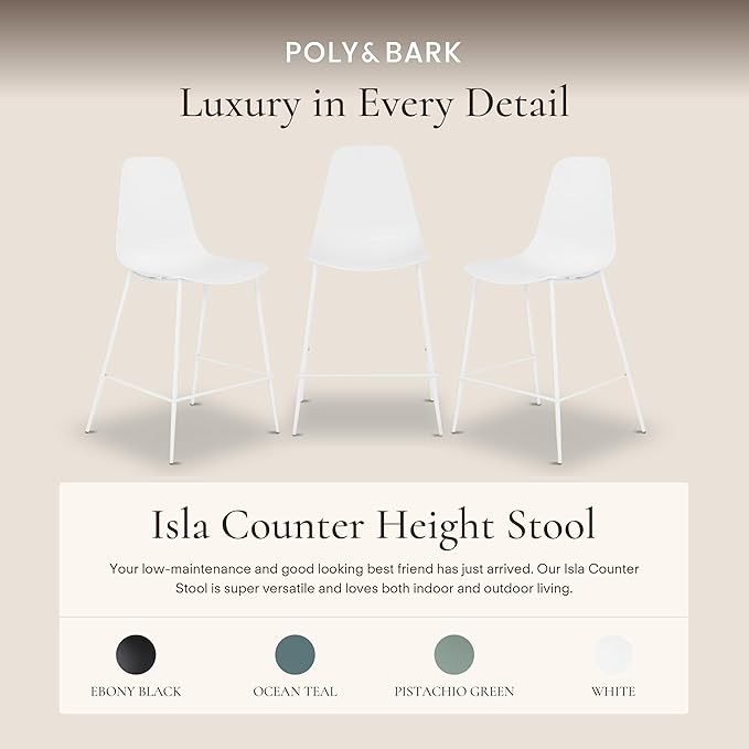 Poly & BARK Isla Bar Stools Set of 3 – Counter Height Bar Stool for Kitchen – Set of Counter Stools – Indoor/Outdoor Barstools – Modern Kitchen Bar Stools - White