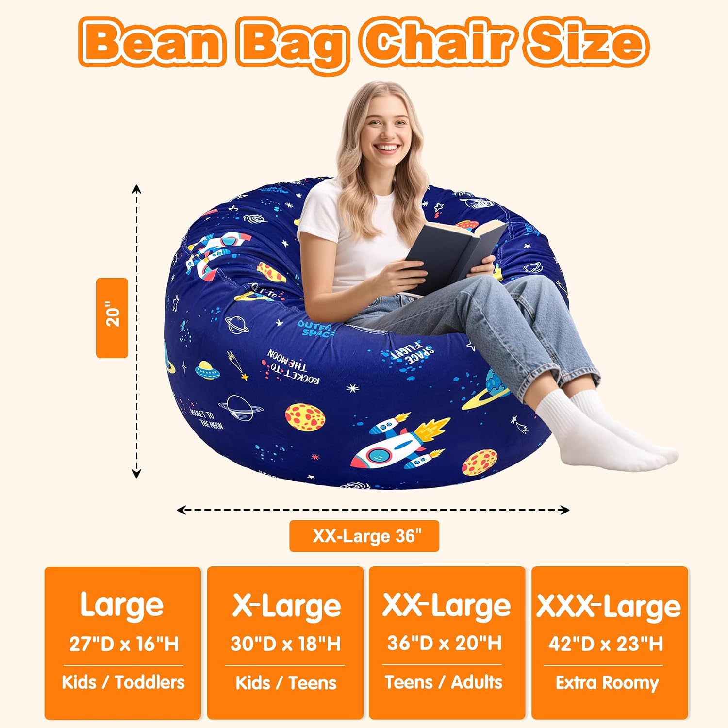 Lukeight Bean Bag Chair for Teens and Adults, Memory Foam Filled Floor Lounger, Washable Velvet Cover with Inner Liner, Beanbag Chair with Filling for Gaming and Reading, XX-Large 36" D x 20" H