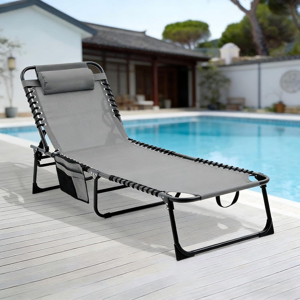 Gray Lounge Chairs for Outside, Folding Beach Lounger with Carrying Handle an...