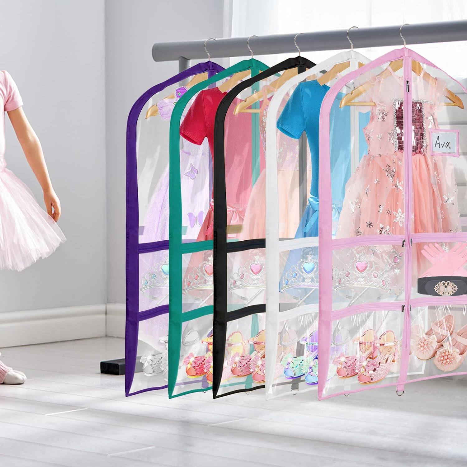 Univivi 40 Inch Dance Costume Garment Bags for Dancers, Clear, 2 Pack | Breathable Fabric, PVC Window, 4 Clear and 1 Back Zip Pocket, Foldable Garment Bags for Hanging Clothes and Dance Costumes