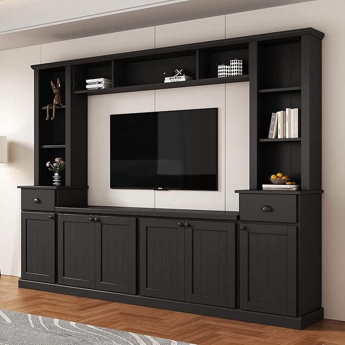 Merax Minimalist 103" Entertainment Wall Unit Set with Overhead Bridge for TVs Up to 75", Modern Large Media Console with Adjustable Shelves, Ample Storage Cabinets & Drawers for Living Room, Black