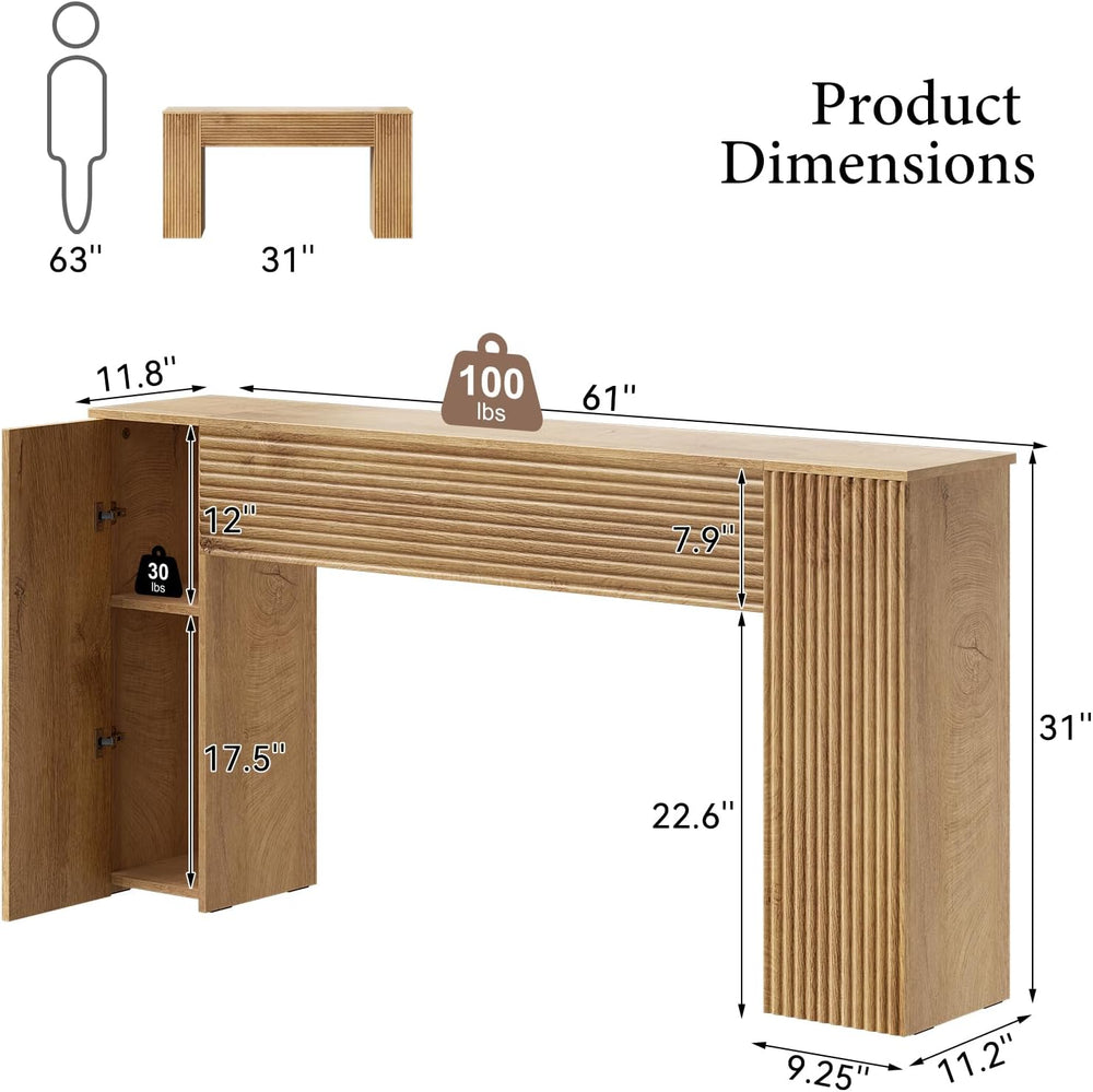 FABATO 61” Fluted Long Console Table with 2 Hidden Storage Cabinets, Wood | W...