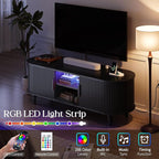 TV Console with Power Outlet-55" Entertainment Center with Sliding Tambour Door, Modern TV Stands for Living Room Bedroom, LED Media Stand with Storage Cabinet and Adjustable Shelves, Black