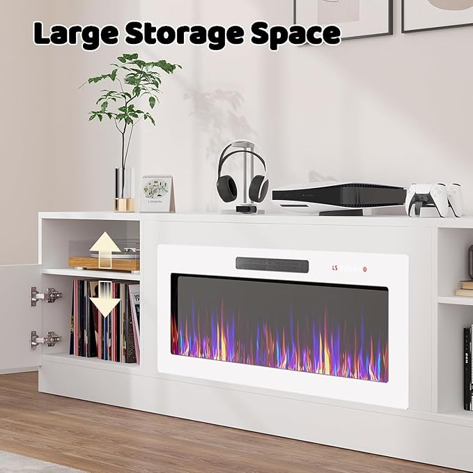 Lemberi Fireplace tv Stand with 36 inch White Fireplace Up to 90" TVs, LED Light Entertainment Center and Storage, 80" Modern Wood Media TV Console with Highlight Cabinet for Living Room