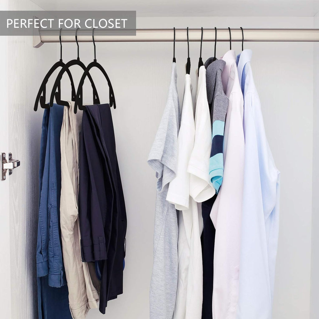 MIZGI Premium Velvet Hangers 50 Pack Heavyduty- Non Slip No Shoulder Bump Suit Hanger - Black Hooks,Space Saving Clothes Rounded Shape for Coat,Sweater,Jackets,Pants