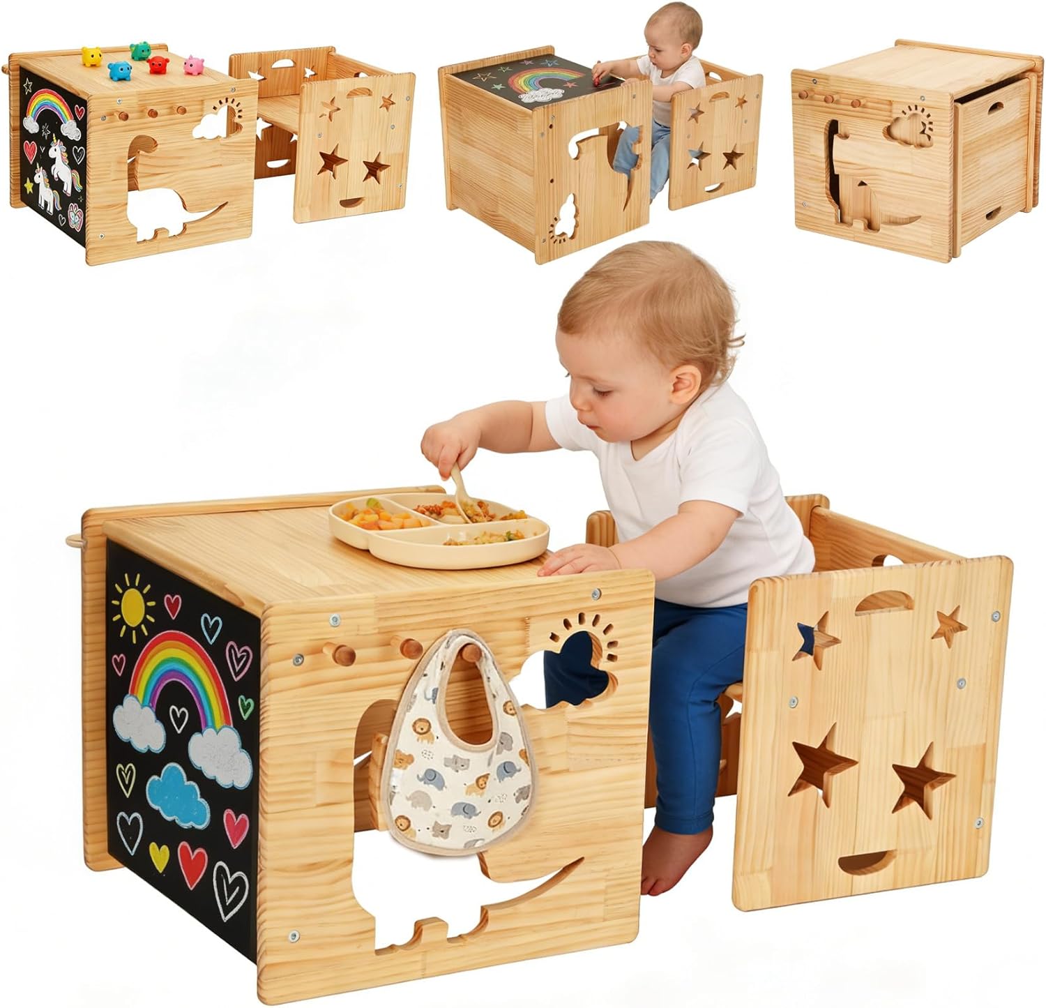 Montessori Weaning Table and Chair Set for Toddlers Age 1-3,with Blackboard | Flip Stool to Adjust Height, Storage Hooks, Puzzle Storage Boards, Natural Wood,CPC Certification,for Dining,Painting,Reading