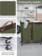 StorageWorks 390L Extra Large Lanudry Hamper with Wheels, 2 Sections Laundry Basket with Wheels, Clothes Sorter Cart with Divider for Hotel, Home, Green, 37.75"L x 17"W x 37.5"H
