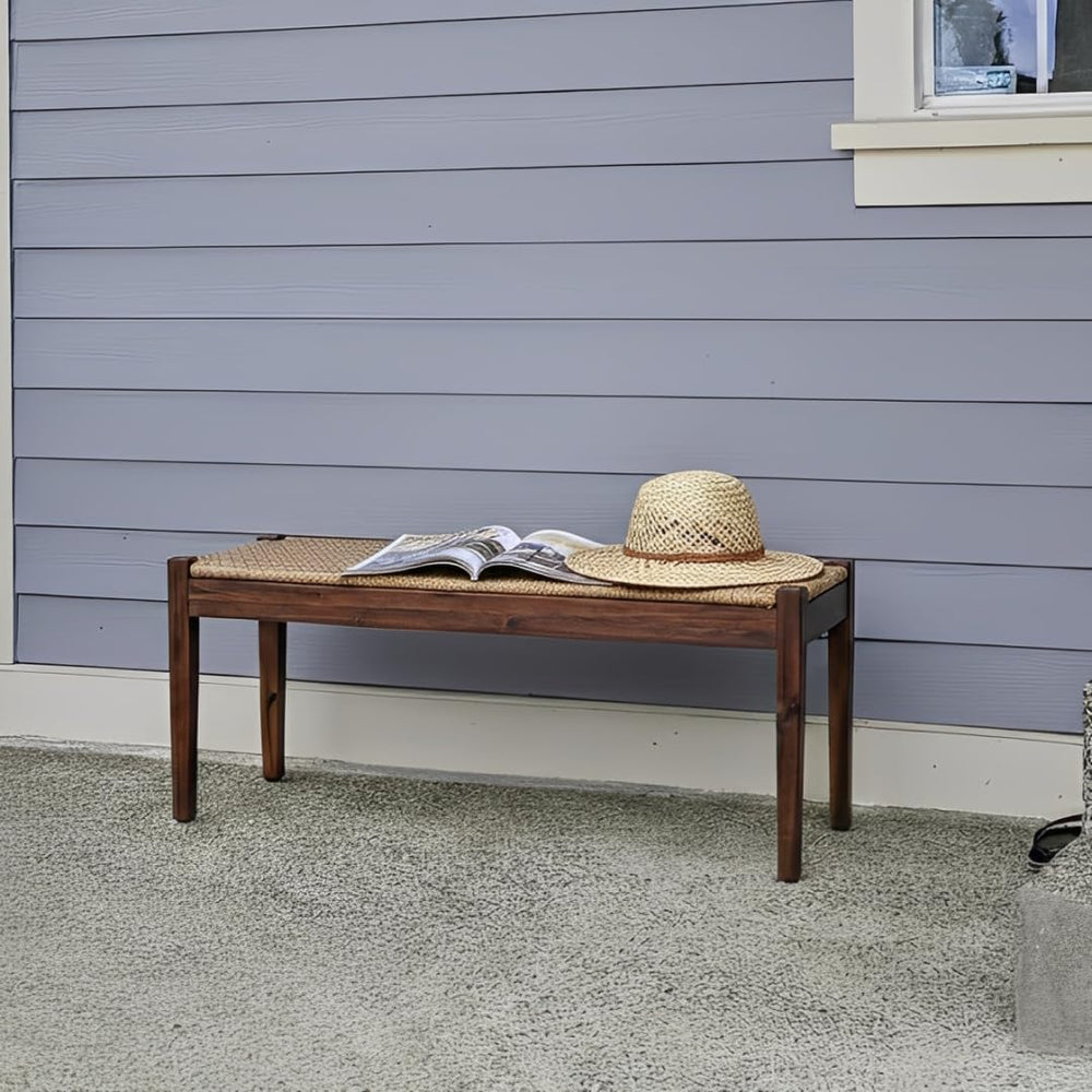 Vintage Entryway Bench, 45 inch Acacia Wood Bench with Woven Rope Seat, Wicke...
