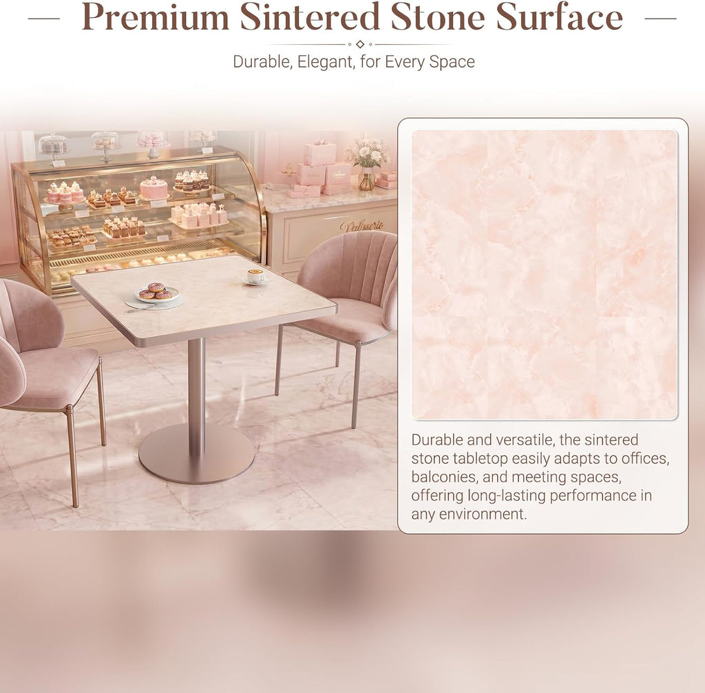 31.5'' Tulip Table, Round Dining Table with Glossy Sintered Stone Tabletop | Rose Gold Aluminum Alloy Edge & Pedestal, Small Bistro Table for Dining Room/Café/Small Spaces/Restaurant (Blush Onyx)