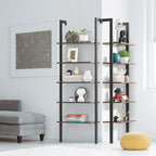 Tangkula Industrial Ladder Shelf Against The Wall, 5-Tier Wall Mount Ladder Bookshelf with Metal Frame, 72 Inch Open Bookcase Plant Flower Stand Display Storage Rack for Home Office (Rustic Brown)
