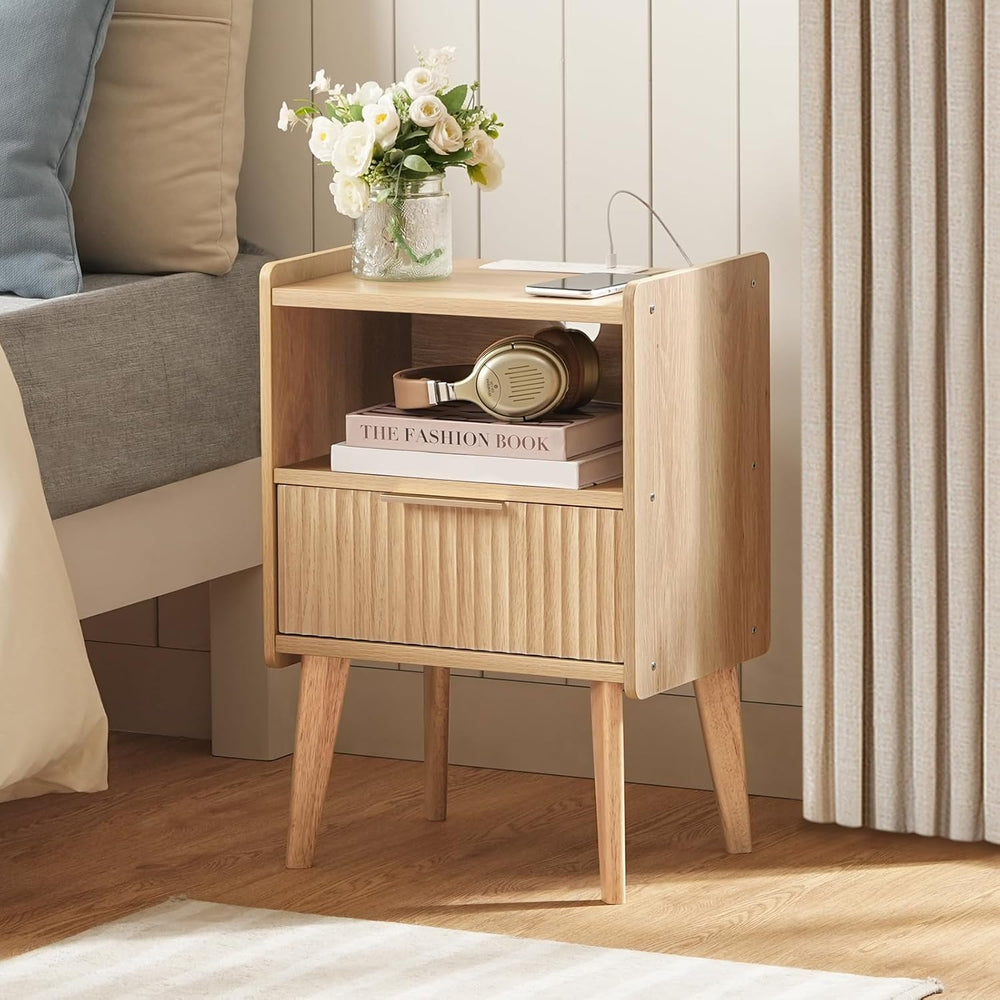 MAHANCRIS Natural Nightstand with Charging Station, Modern Bedside Table with...