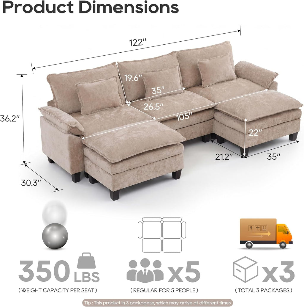 URRED Oversized Modular Sectional Sofa，Khaki：122" U Shaped | Modern Comfy Cloud Couch with Movable Ottoman and Pillow, Deep Seat Couches for Living Room, Bedroom or Apartment