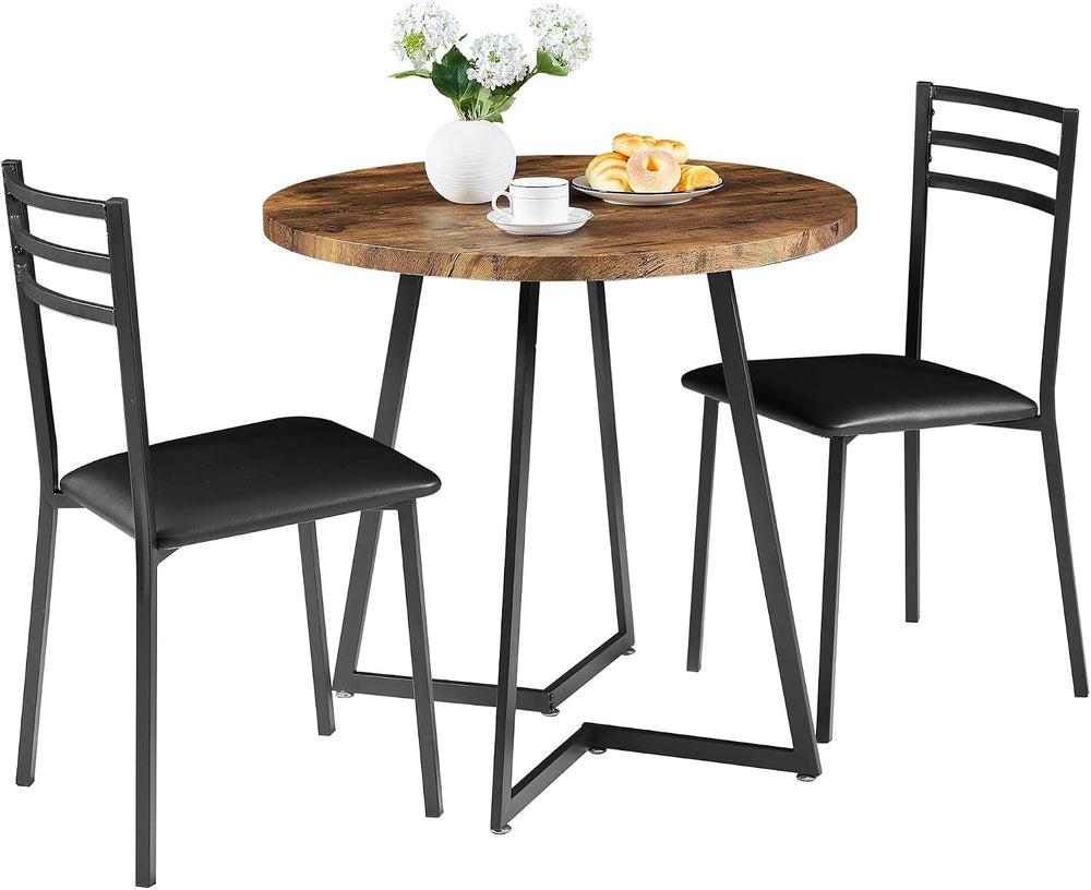 VECELO Small Round Kitchen Table with 2 Upholstered Chairs, 3-Piece Wood Dine...