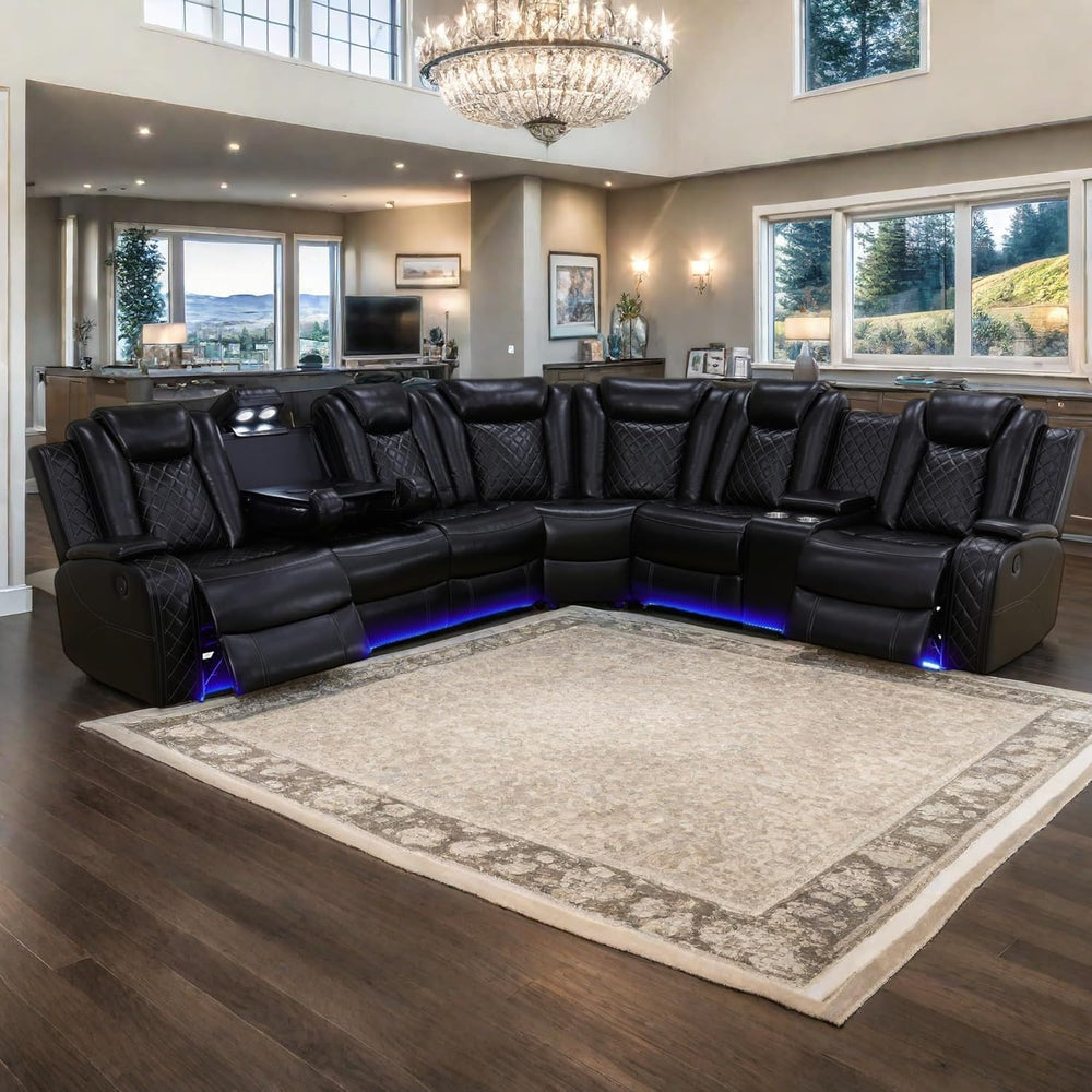 Power Recliner Sofa Sectional Sofa with LED Light for Living Room, Air Leathe...