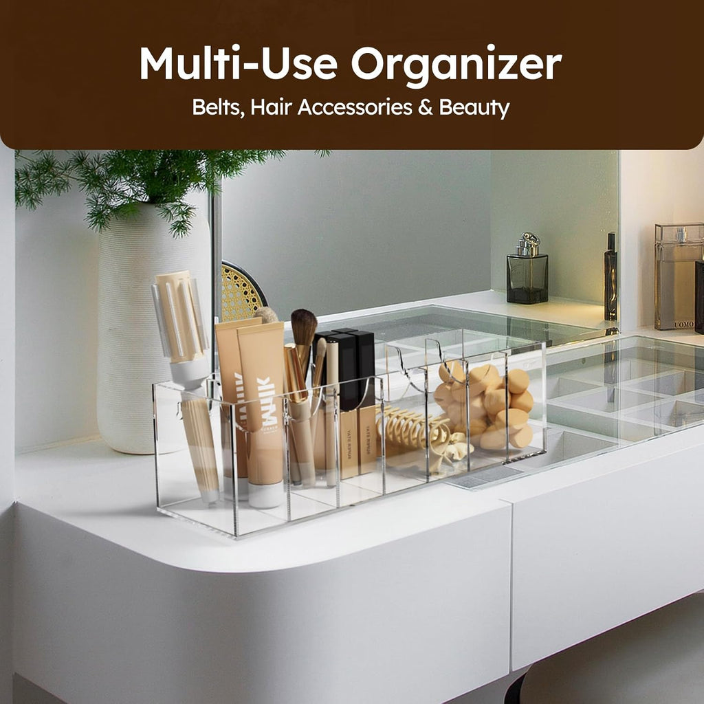 FEMELI Belt Organizer, Acrylic Belt Storage for Closet with Dust Cover, 7 Compartments Belt Container Display Holder for Drawer, Clear Belt Tie Case for Women Men Home