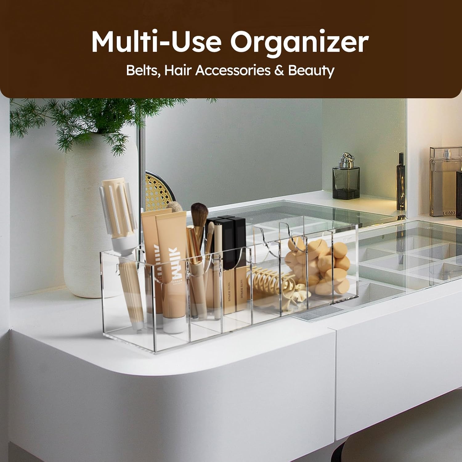 FEMELI Belt Organizer, Acrylic Belt Storage for Closet with Dust Cover, 7 Compartments Belt Container Display Holder for Drawer, Clear Belt Tie Case for Women Men Home
