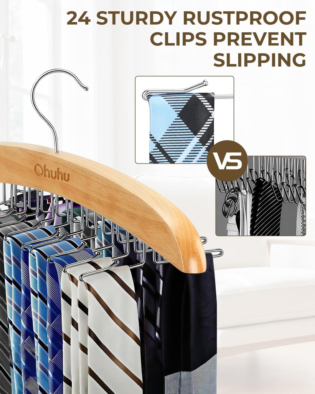 Ohuhu 24-Hook Wooden Tie Rack Organizer for Closet – Space Saving Hanger with 360° Rotating Anti-Slip Clips, Holds 24 Ties Securely Without Wrinkles – Premium Hardwood & Rustproof Steel