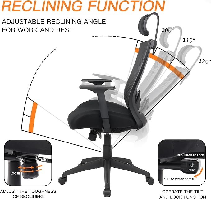 Ergonomic Office Chair for Big and Tall People, 400lb Computer Desk Chair with Adjustable 2D Headrest, Lumbar Support & Armrests, 5 Inch Thick Foam Cushion Seat, Mesh Rolling Chair for Work & Gaming