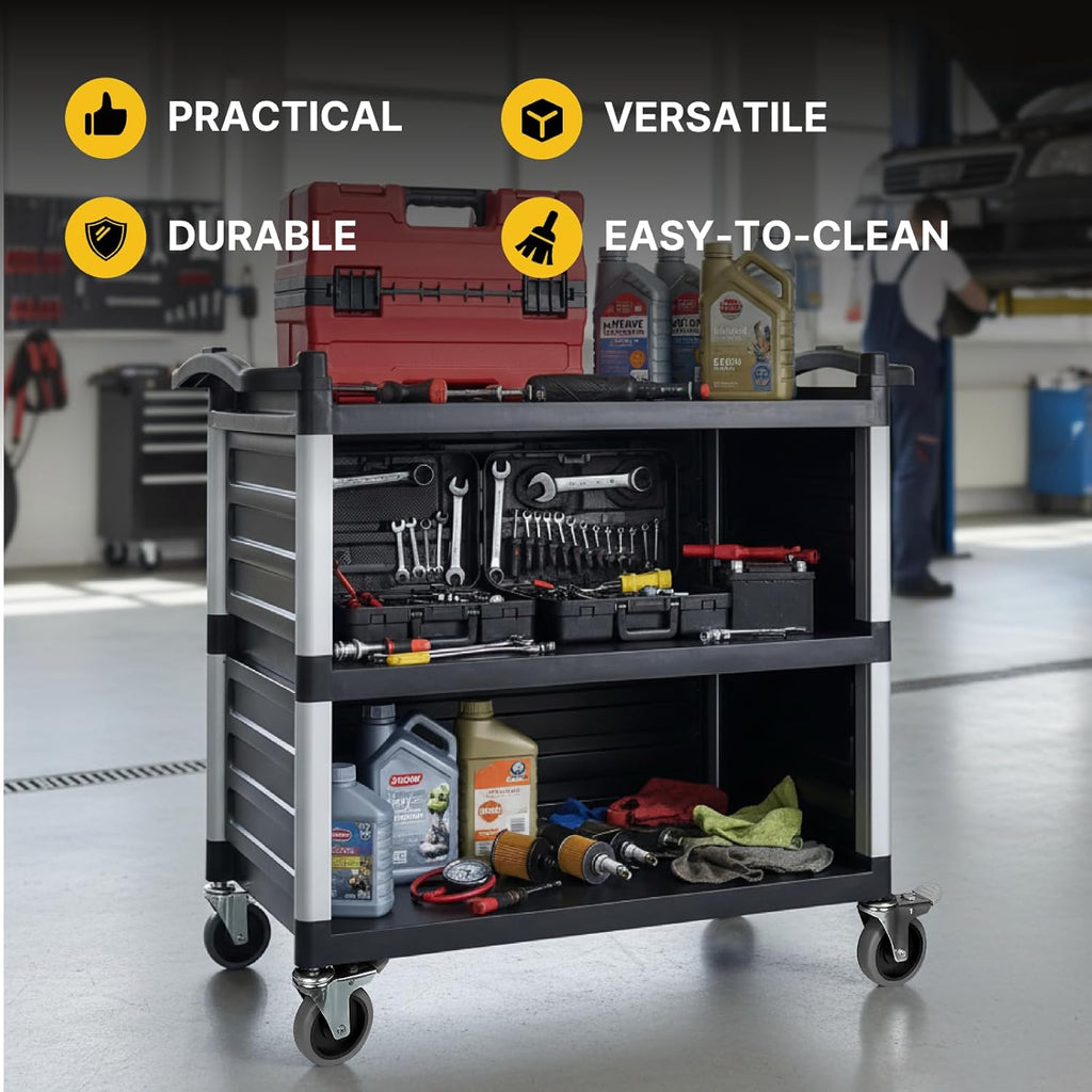 NorthSky Select Dual-Handle Utility Service Cart, 3 Shelves, 440 lb. Capacity -Black Plastic Shelves, Lockable Swivel Casters - Suitable for Hospital, Lab, Hotel, Office Transport & Organizing