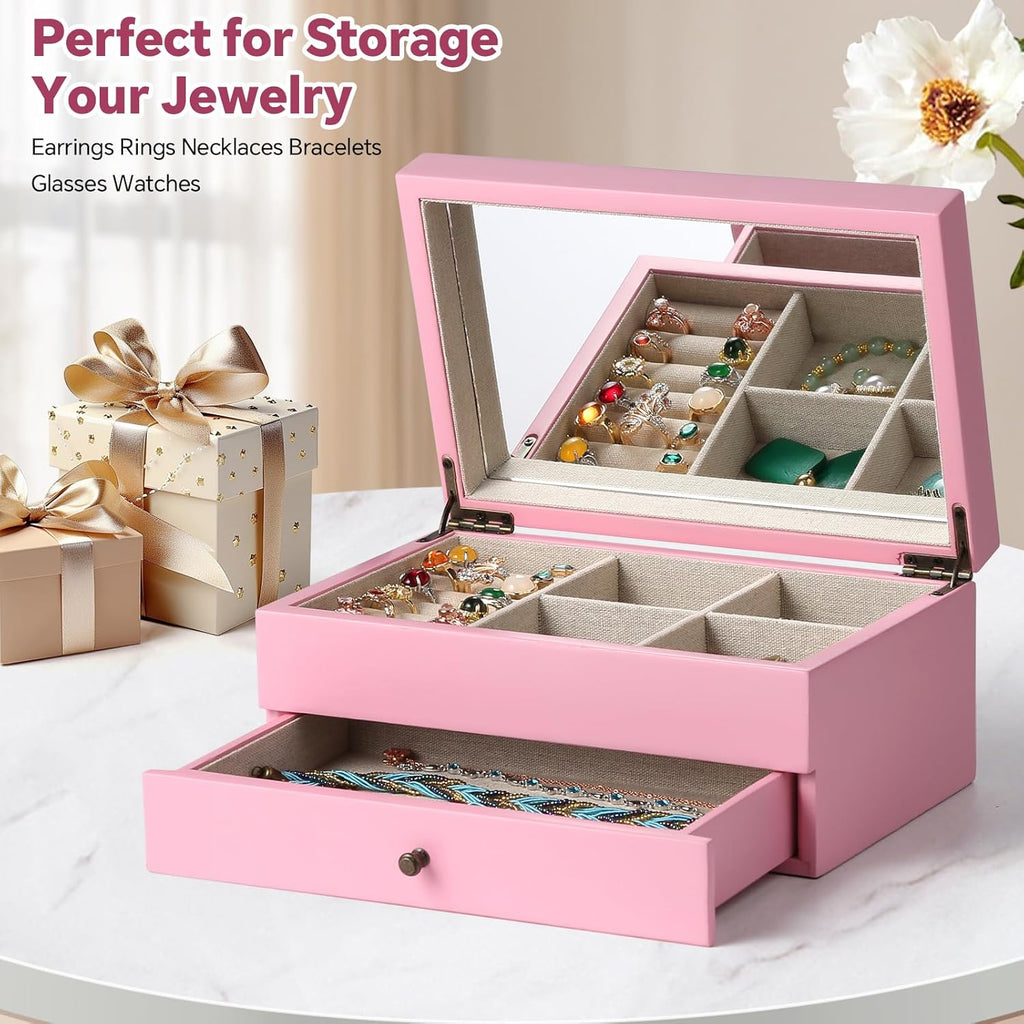 Meangood Jewelry Box Organizer for Women, 2 Layer Large Jewelry Storage Case, Rustic Wooden Jewelry Box with Mirror & Ring Tray for Necklace Earring Bracelets Rings, Vintage Style (Pink)