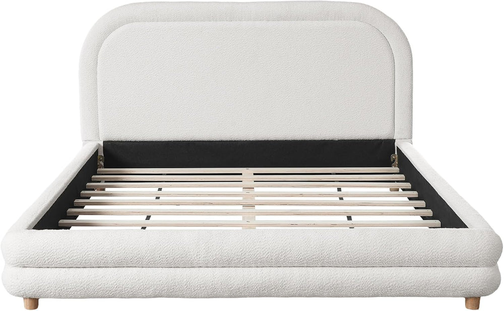 Peanu Queen Bed Frame, Boucle Upholstered Curved Headboard, White