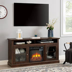 TV Stand with Electric Fireplaces: Rustic Wood TV Console for 65 Inch TV | Entertainment Center with Adjustable Shelves and Storage Cabinet for Living Room - Brown