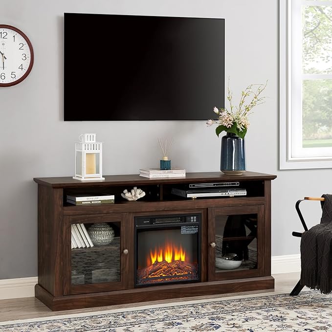 TV Stand with Electric Fireplaces: Rustic Wood TV Console for 65 Inch TV | Entertainment Center with Adjustable Shelves and Storage Cabinet for Living Room - Brown