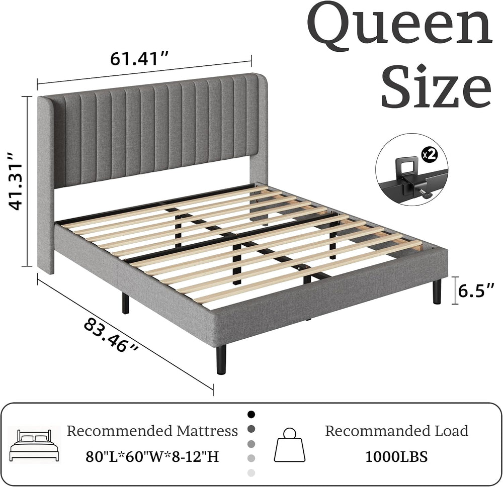 Queen Bed Frame with Vertical Channel Tufted Headboard & Wingback