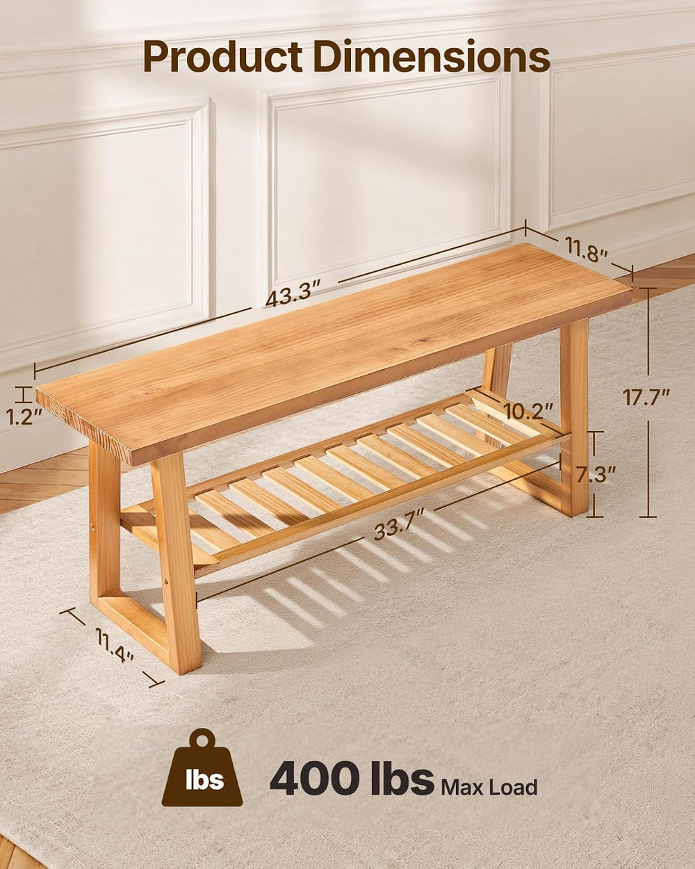 Amada 43 Inch Solid Pine Wood Bench, Entryway Bench with Shoe Storage Shelf, ...