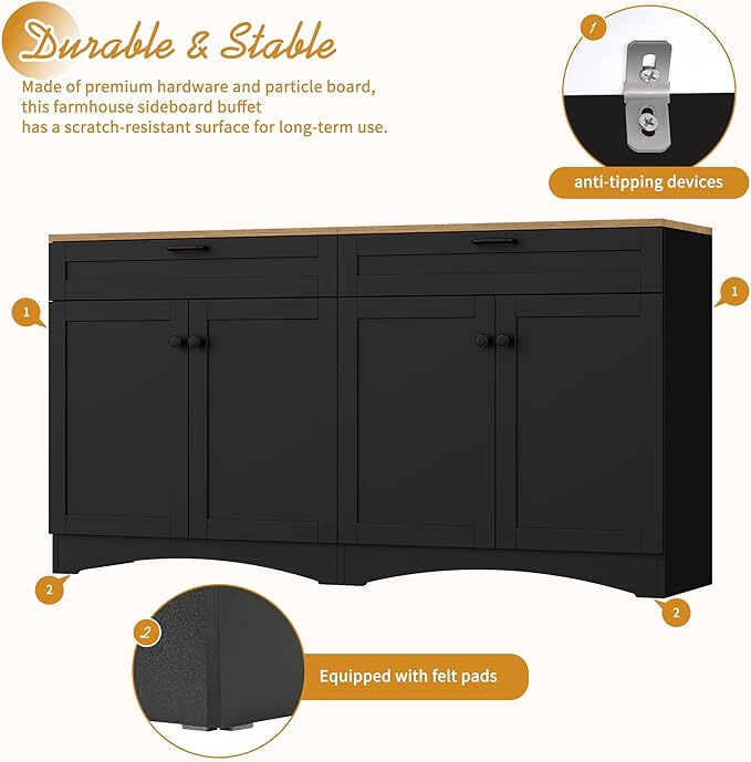 Ball & Cast Farmhouse TV Stand with 2 Drawers for TVs up to 70",Wood Grain Sideboard Buffet Cabinet w/Rustic Handles and Adjustable Shelf,Entertainment Center for Living Room,Bedroom,Black