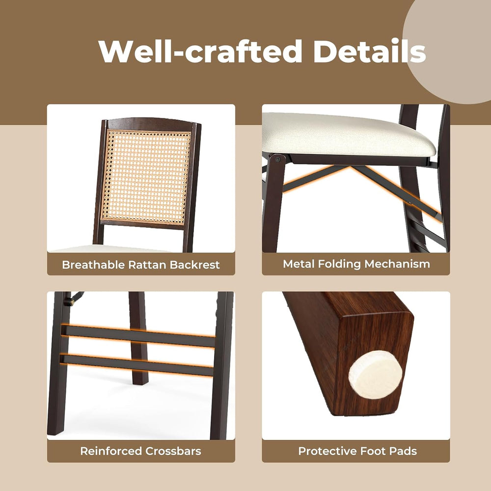HAPPYGRILL Folding Dining Chairs Set of 4, Wood Kitchen Chair with Rattan Bac...