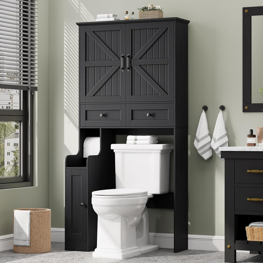 Over The Toilet Storage Cabinet, Storage Cabinet Over Toilet with Double Doors & Toilet Paper Holder Stand, Freestanding Toilet Shelf Space Saver with Anti-Tip Design & Adjustable Shelf, Black