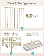 Vlando 2 Tier Jewelry Stand Organizer with Tary, Leather Jewelry Holder Display for Women, Gold Jewlery Holder Stand for Necklace, Earring, Bracelet, Rings - White
