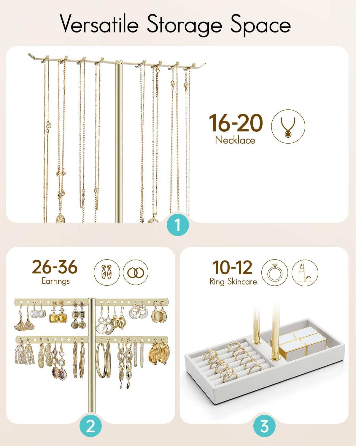 Vlando 2 Tier Jewelry Stand Organizer with Tary, Leather Jewelry Holder Display for Women, Gold Jewlery Holder Stand for Necklace, Earring, Bracelet, Rings - White