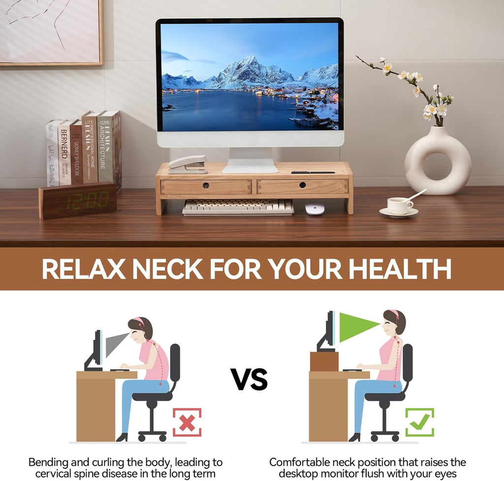 KIRIGEN Wood Monitor Stand with 2 Drawers - Computer Arm Riser Desk Storage Organizer,Speaker TV Laptop Printer Stand with Pen Slot and Cable Management,2-Tier Desktop Shelf NA-2PMJ
