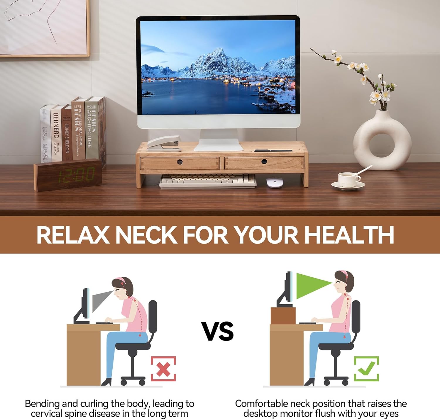 KIRIGEN Wood Monitor Stand with 2 Drawers - Computer Arm Riser Desk Storage Organizer,Speaker TV Laptop Printer Stand with Pen Slot and Cable Management,2-Tier Desktop Shelf NA-2PMJ
