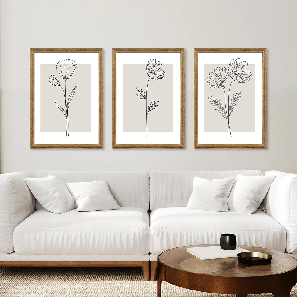 ICHZUMW Framed Black and White Neutral Floral Canvas Wall Art, 3pc 16x24 In