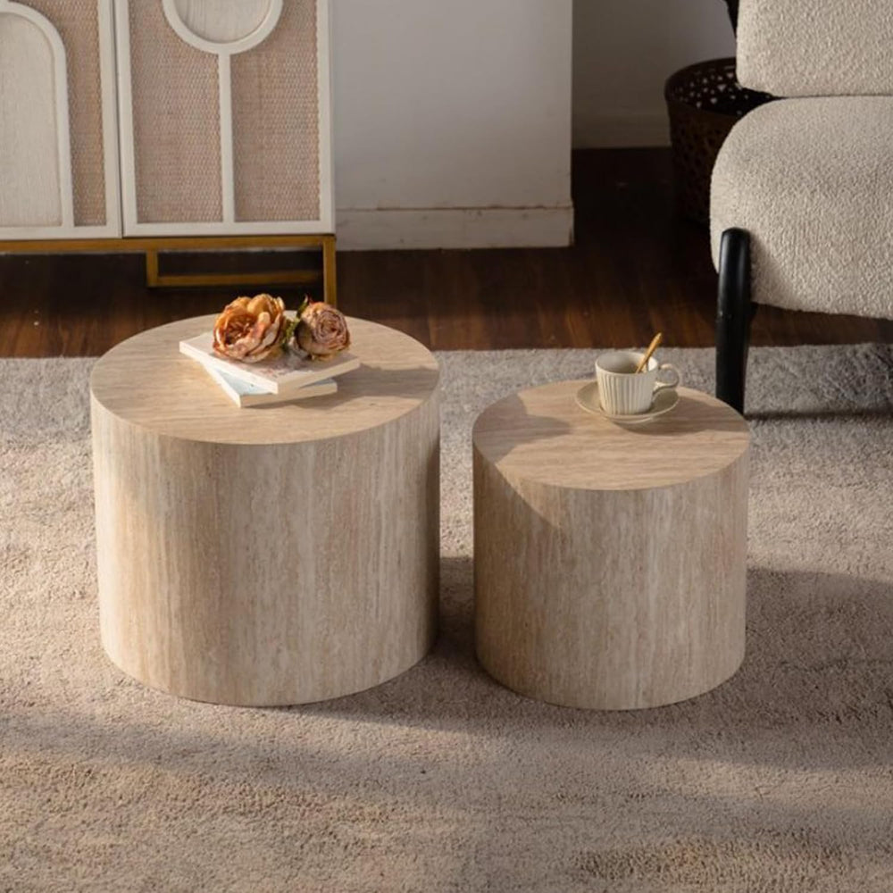 Retro Nesting Coffee Table Set of 2, 33.86" Round Wood Coffee Tables, Ci...