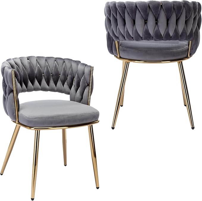 KCC Velvet Dining Chairs Set of 2, Gold Modern Dining Chair with Metal Legs, Woven Upholstered Dining Chairs for Dining Room, Kitchen, Vanity, Living Room (Gray)