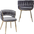KCC Velvet Dining Chairs Set of 2, Gold Modern Dining Chair with Metal Legs, Woven Upholstered Dining Chairs for Dining Room, Kitchen, Vanity, Living Room (Gray)